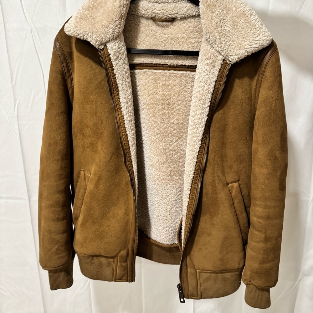 Zara Brown Bomber Jacket with Soft Suede Texture